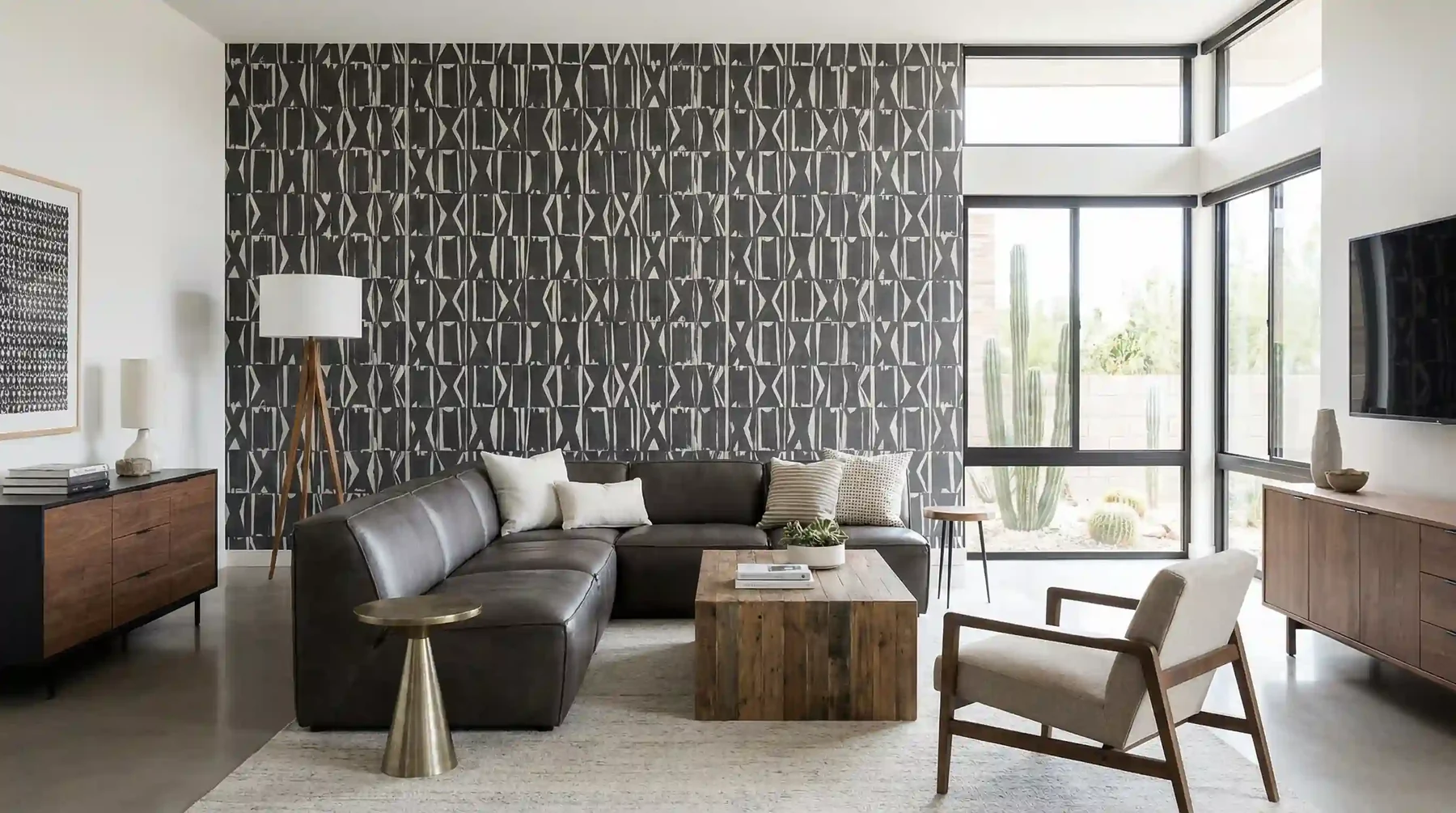 A modern living room with a charcoal geometric wallpaper accent wall
