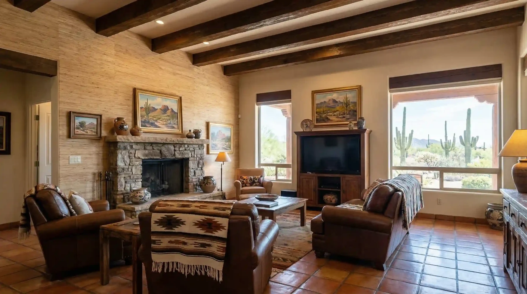 Neutral textured wallcovering in a warm living room with timber ceiling beams